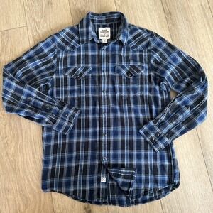 Blake Shelton Land's End Men's LS Blue Plaid‎ Pearl Snap Shirt Small Western